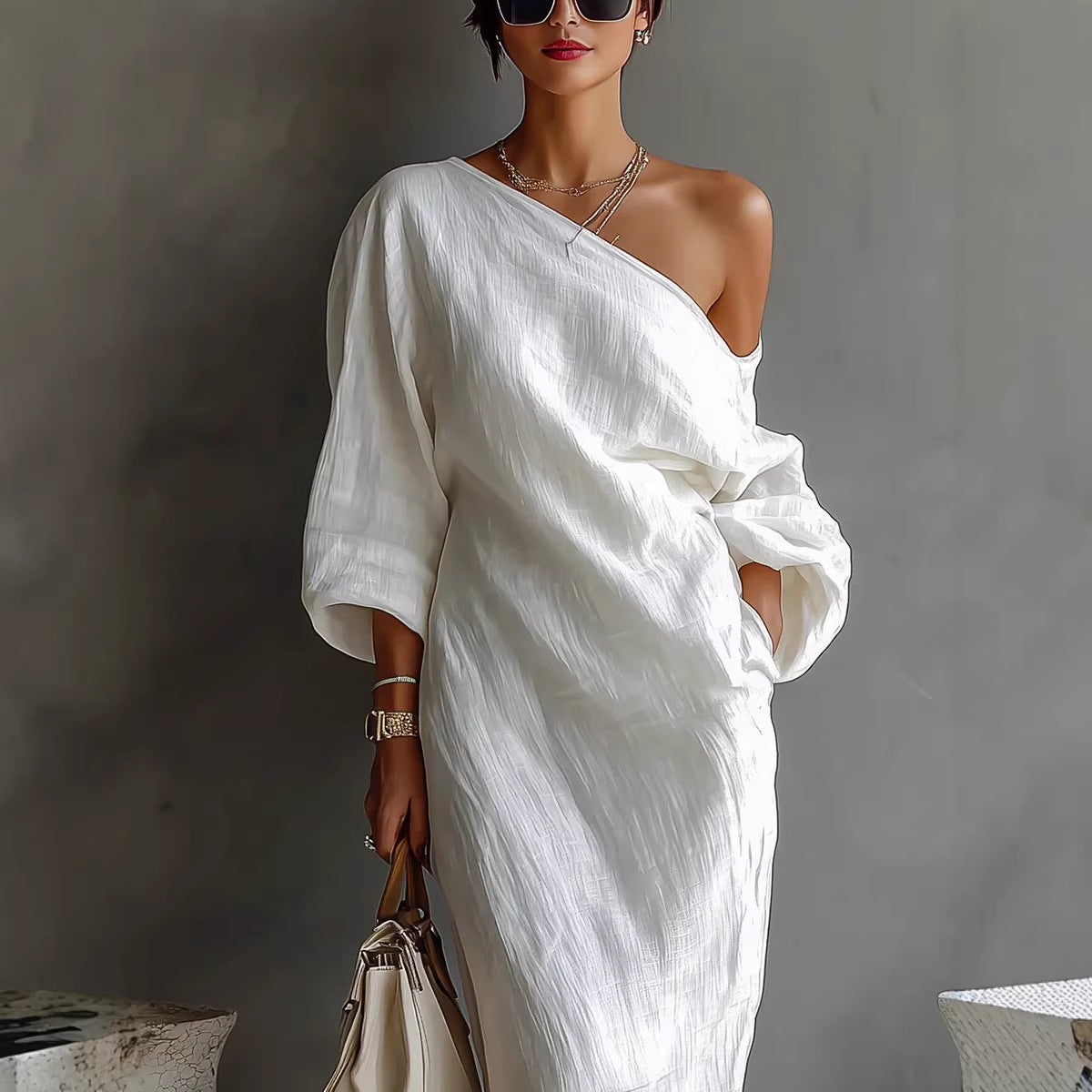 Irregular Off-shoulder Long Dress Fashion Elegant Long-sleeved Dresses Women's Beach Vacation Clothing by Royal Closet