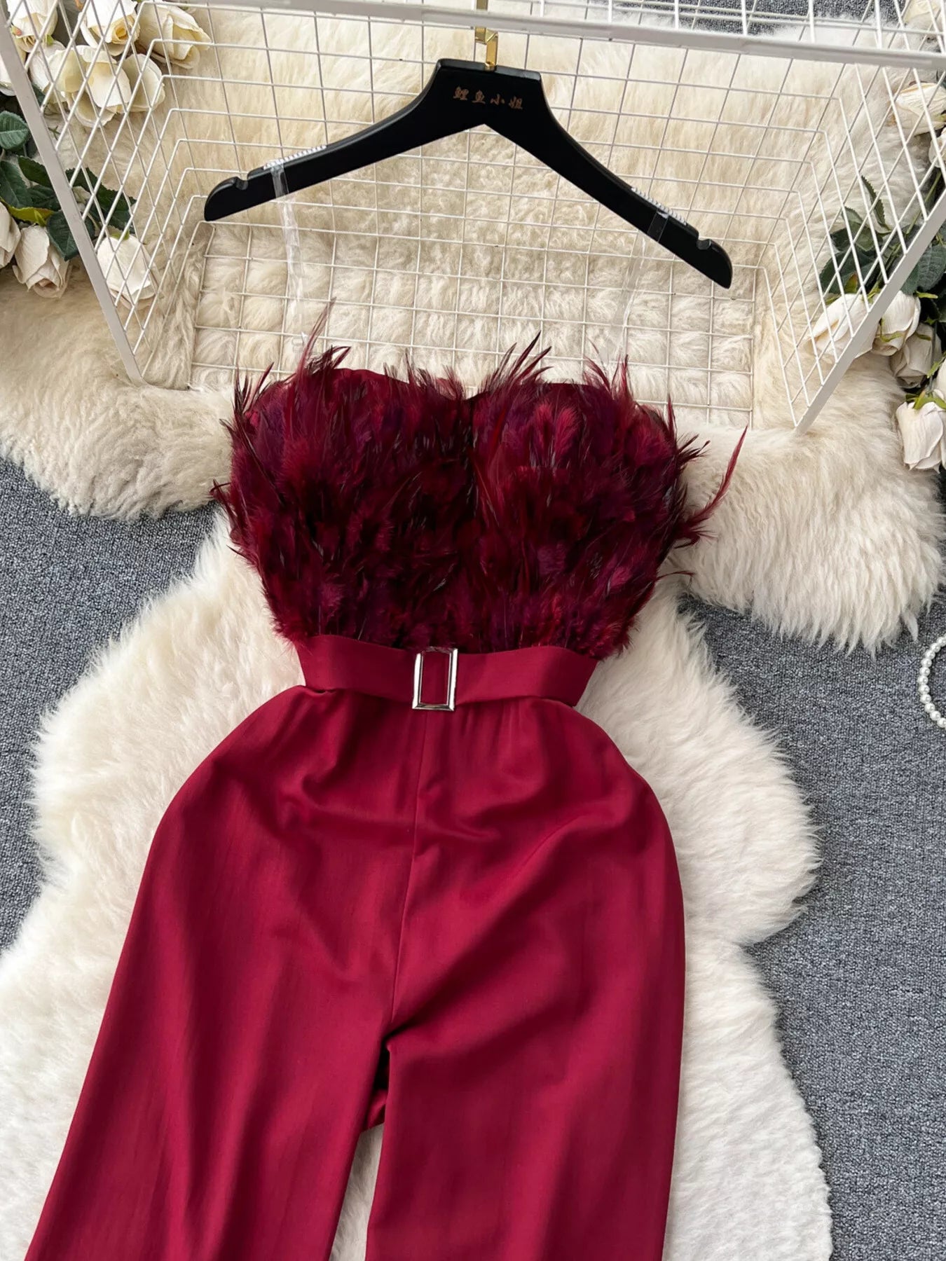 Feather Trim Strapless Wide Leg Jumpsuit by Trendsi
