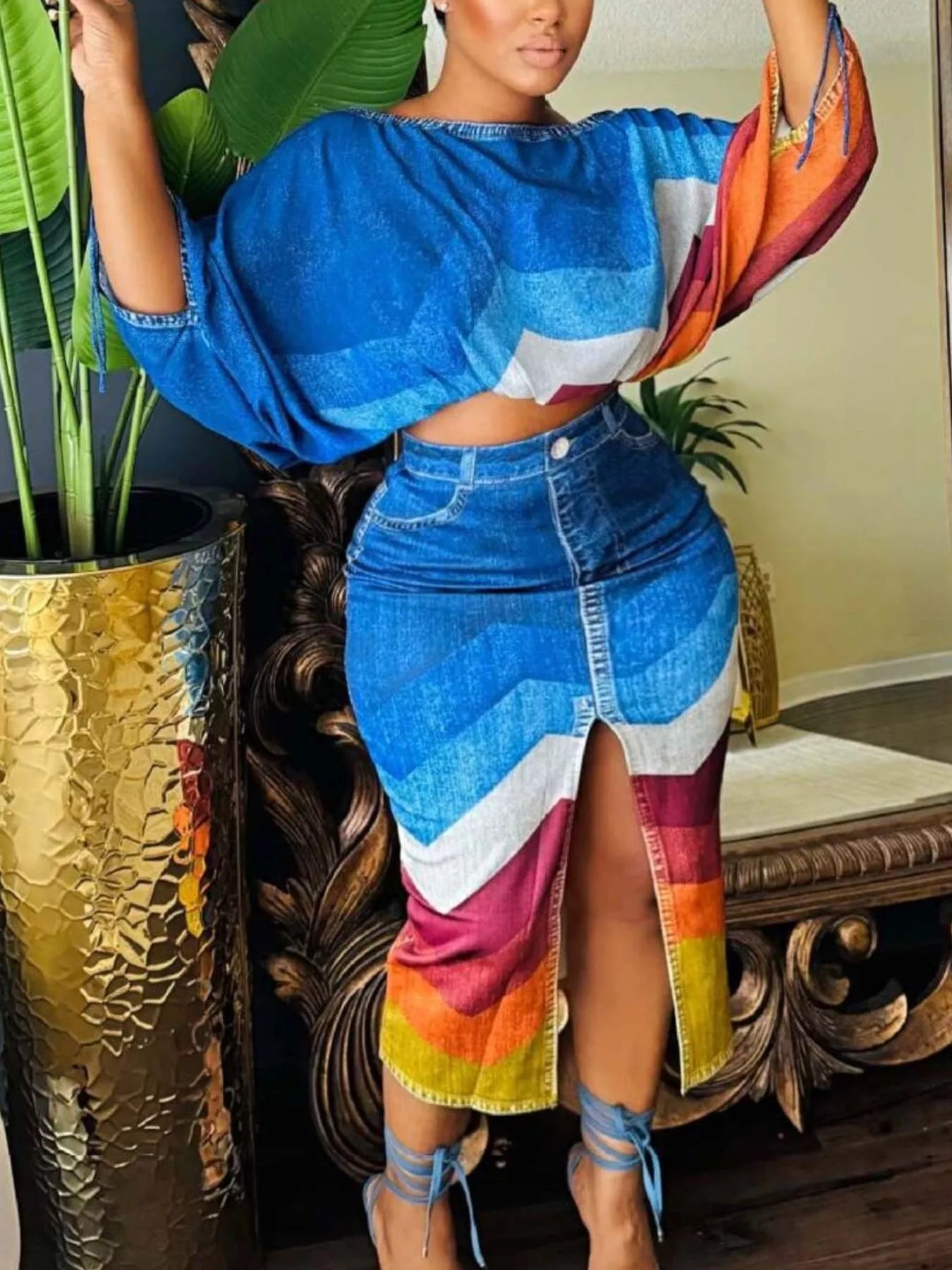 Womens Off Shoulder Top and Slit Skirt Set by Trendsi