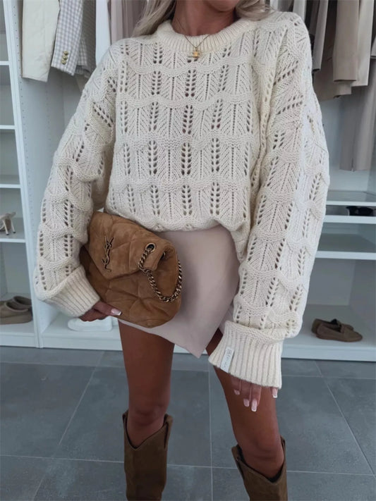 Openwork Round Neck Sweater by Trendsi