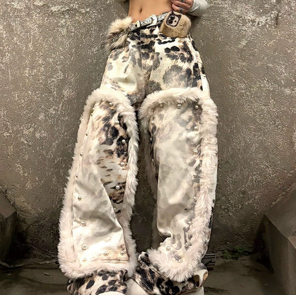 Womens American-Style Retro Leopard-Print Plush-Patchwork Denim Jeans by Royal Closet