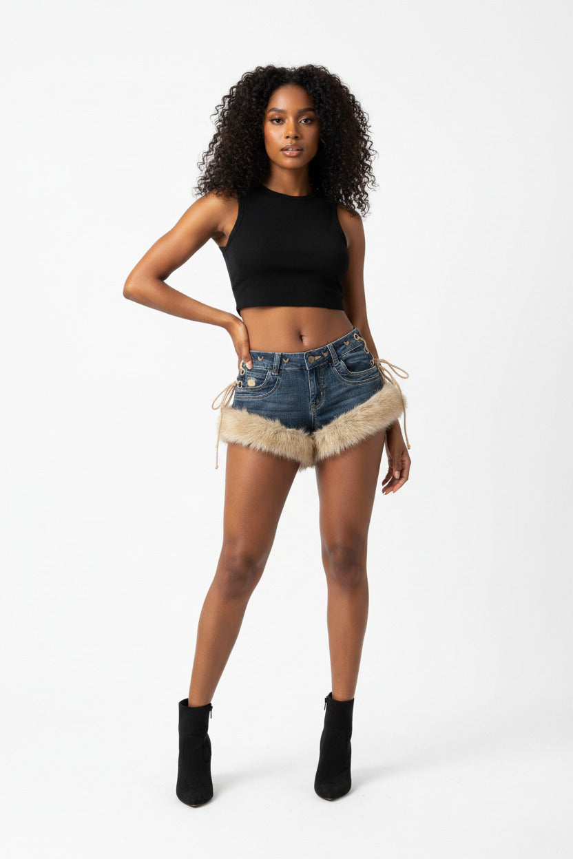 Womens Stylish Furry Patchwork Micro Shorts by Royal Closet