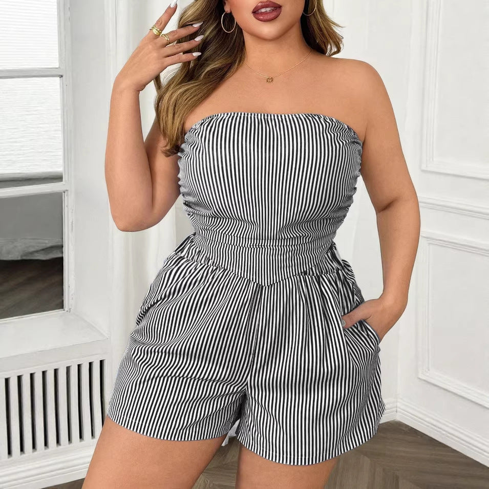 New Women's Sexy Striped Crop Top and Shorts Two-piece Set by eprolo