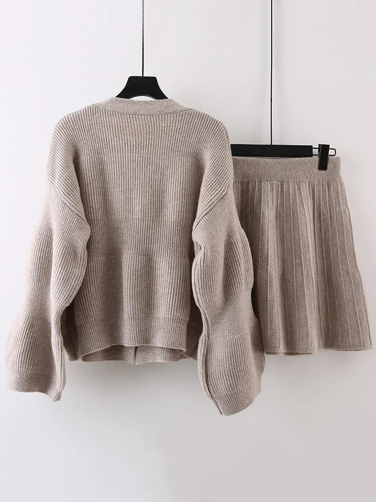 Elegant Knited Two-piece Set Women's V-neck Single Breasted Cardigan With Short Skirts Female by eprolo