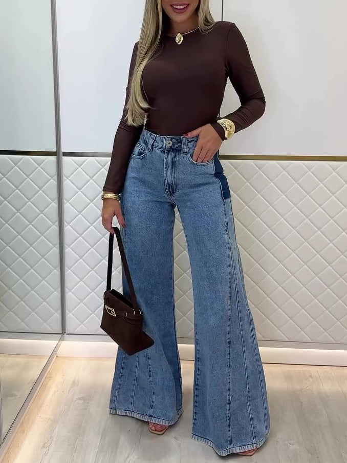 Trendy Light Blue High - Waisted Flared Jeans by Royal Closet
