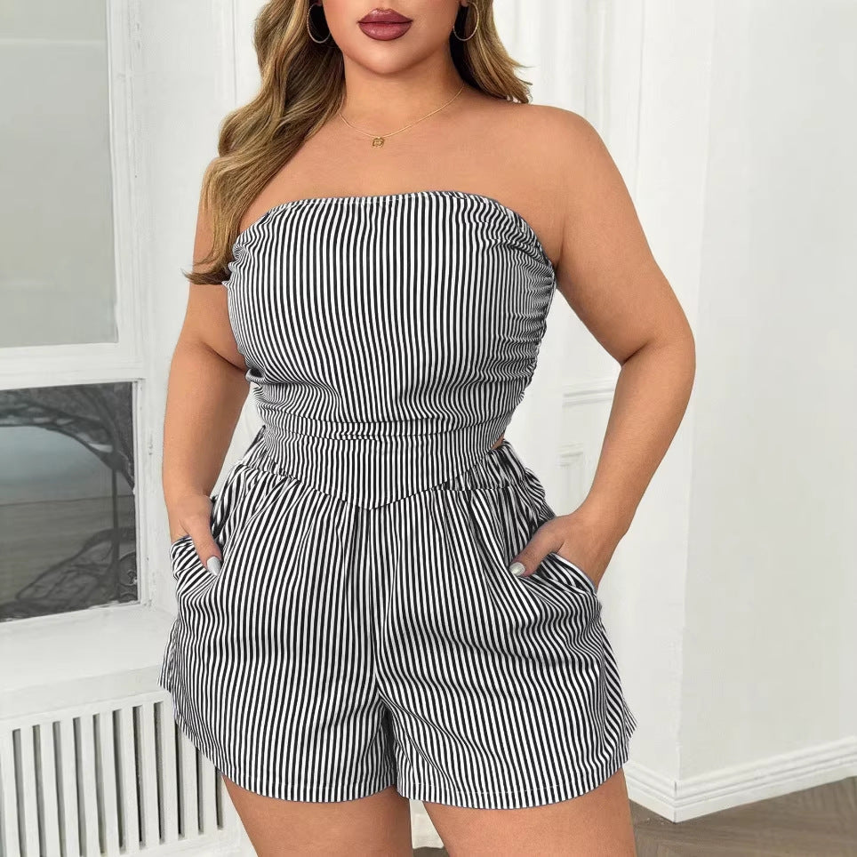 New Women's Sexy Striped Crop Top and Shorts Two-piece Set by eprolo