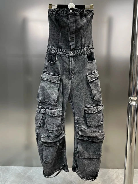 Solid Jumpsuits For Women Strapless Sleeveless High Waist Cargo Pants Summer Jumpsuit Female Fashion Clothing by eprolo