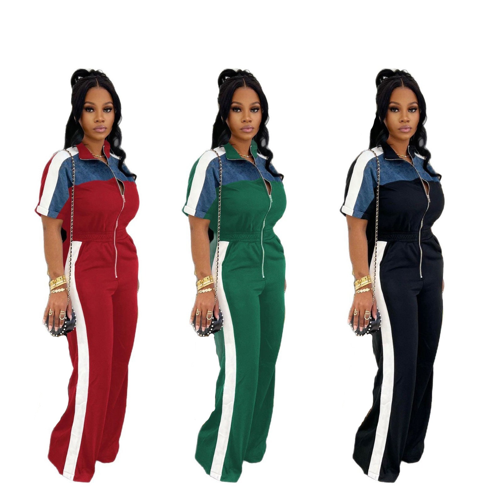 Stand-up Collar Short-sleeve Full-zip One-piece Pants by Royal Closet