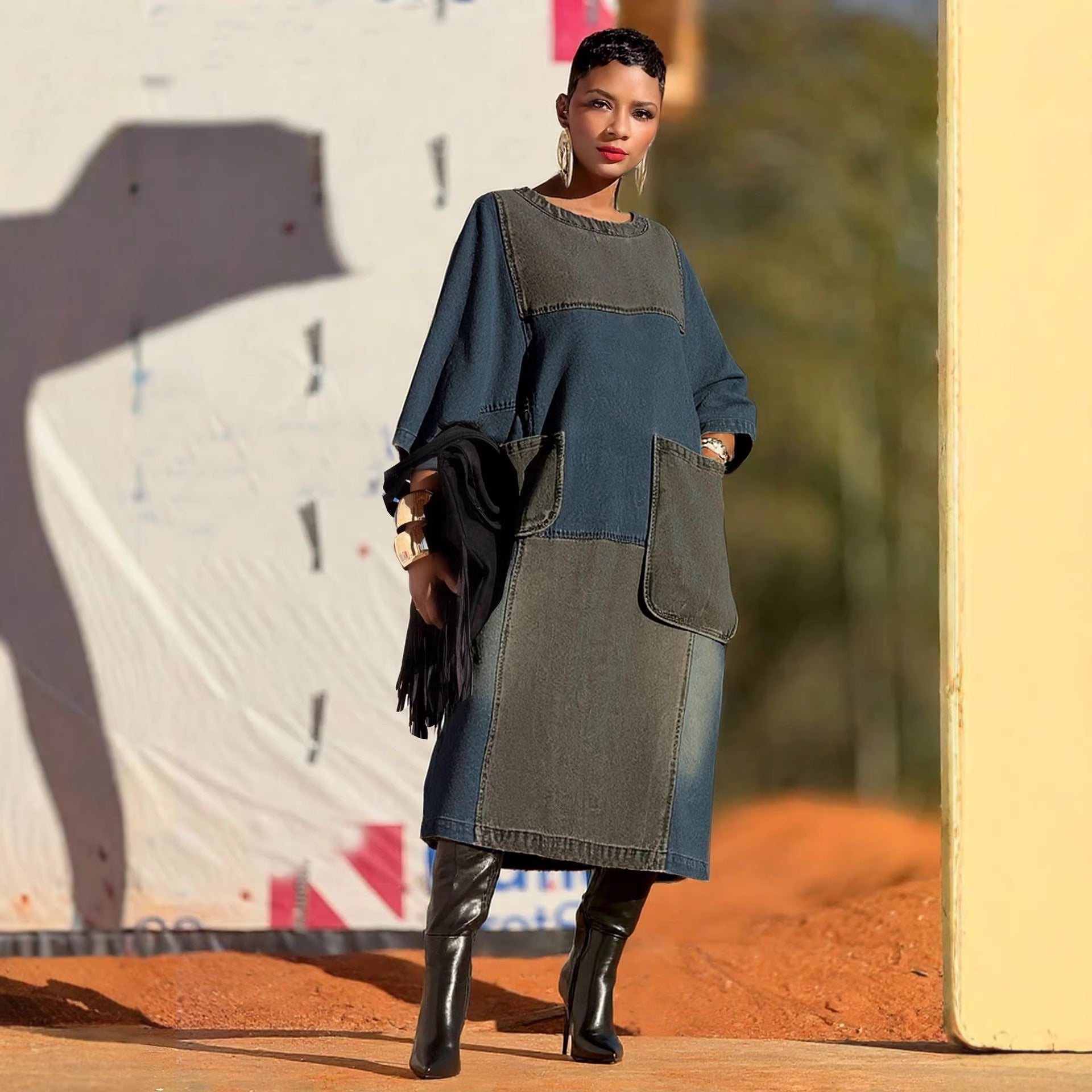 Pocket Loose Denim Dress with Design and Asymmetrical Hem by eprolo