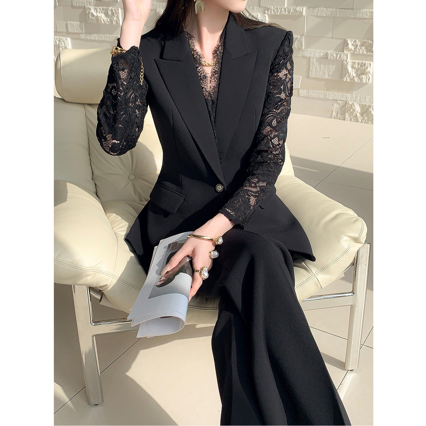 One Button Lace Panelled Blazer And Trousers Two Piece Set by Royal Closet