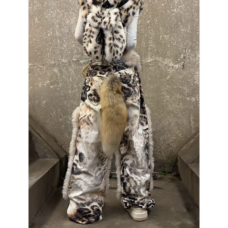 Womens American-Style Retro Leopard-Print Plush-Patchwork Denim Jeans by Royal Closet