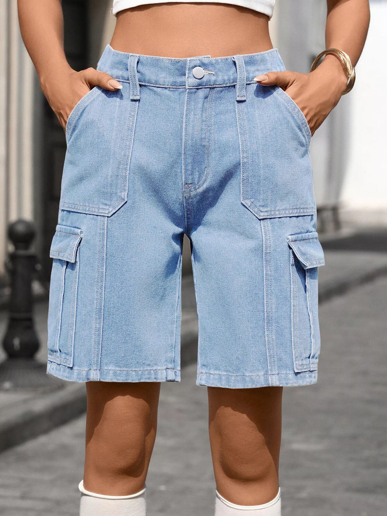 High-Waisted Wash Denim Shorts by Trendsi