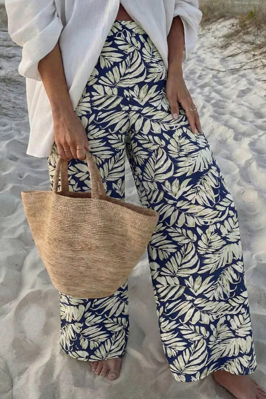 Leaf Print Wide Leg Pants by Trendsi