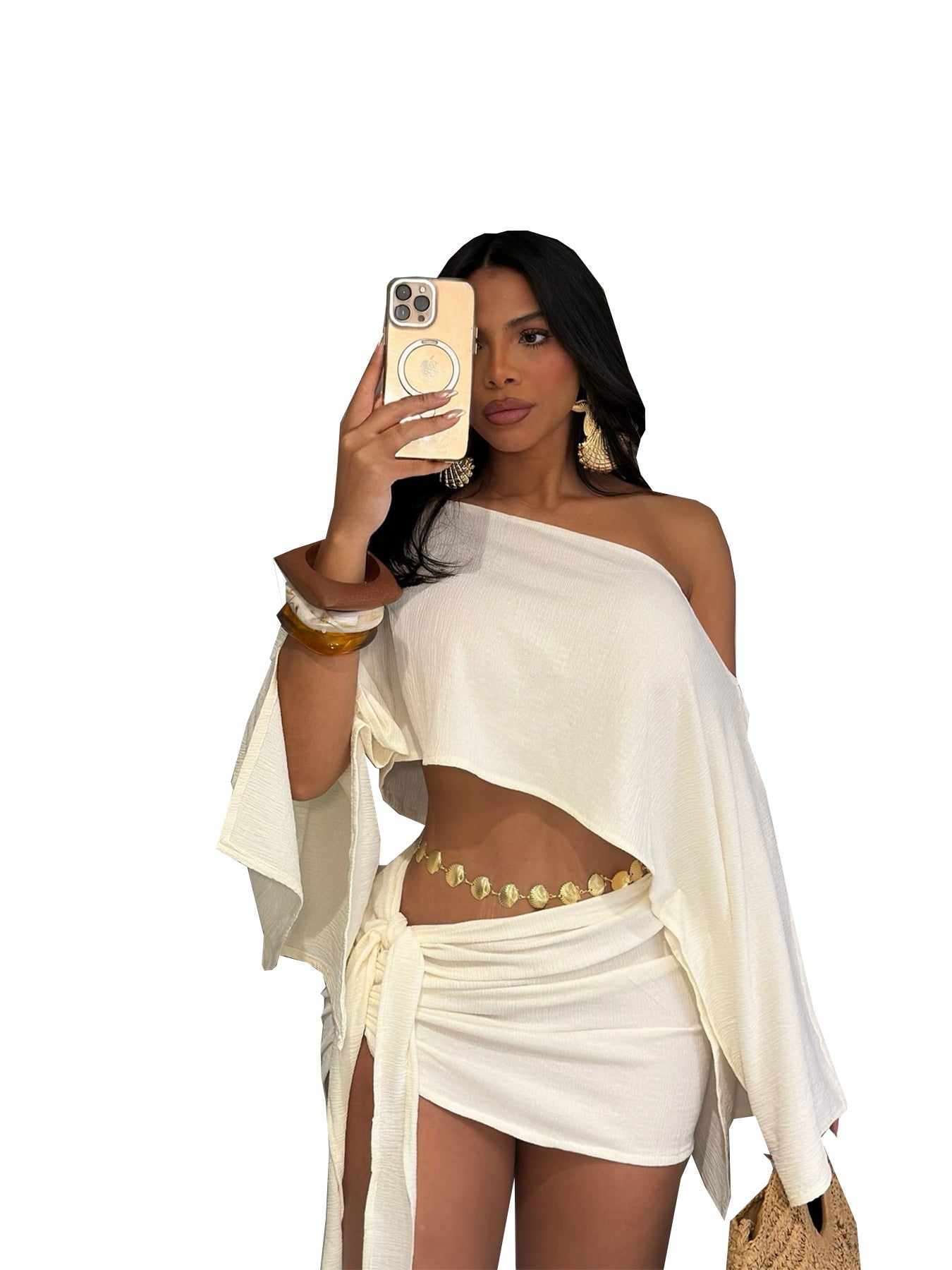 Off-shoulder Top And Tie-front Bodycon Skirt Set by Royal Closet