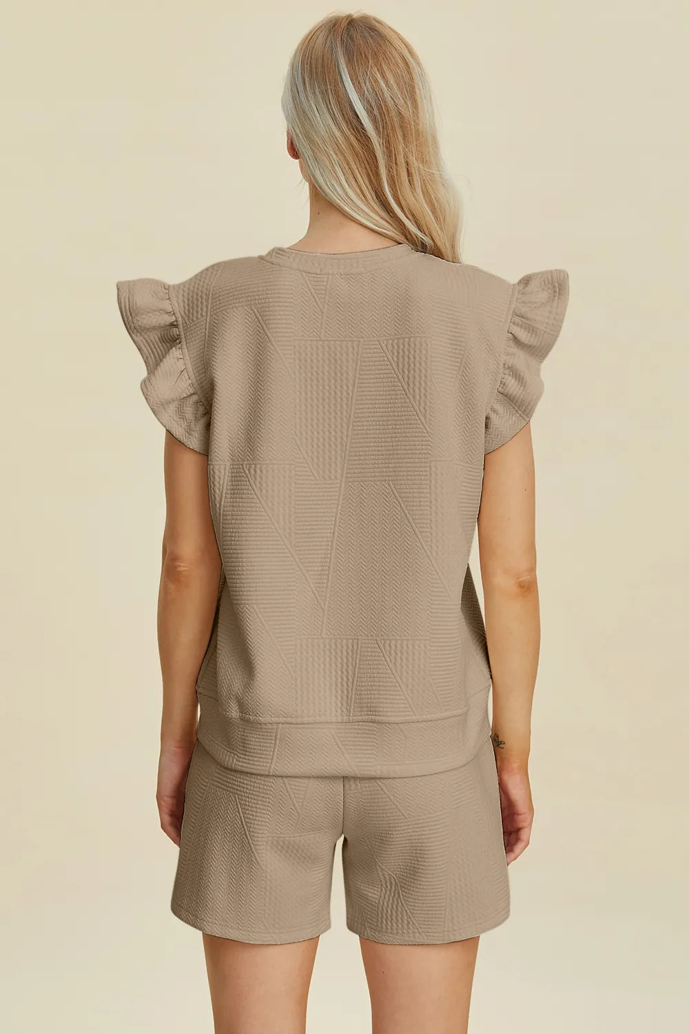 Double Take Full Size Texture Round Neck Ruffle Sleeve Top and Shorts Set by Trendsi