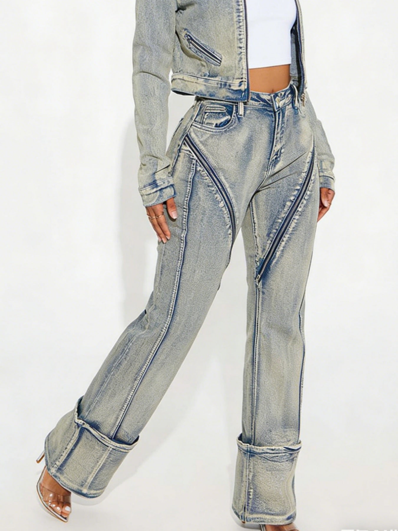 New Women's Washed Zipper Denim Jeans by Royal Closet