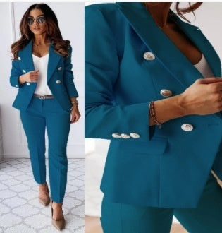 Casual Blazer Suit Slim Lapel Double-breasted Jacket And Zip-up Trousers Women's Clothing by Royal Closet