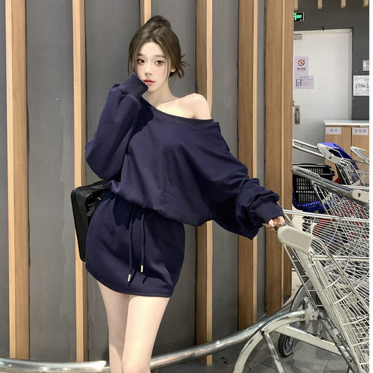 Loose Fitting Casual Off-shoulder Long Sleeve Top And Pleated Midi Skirt Set by Royal Closet