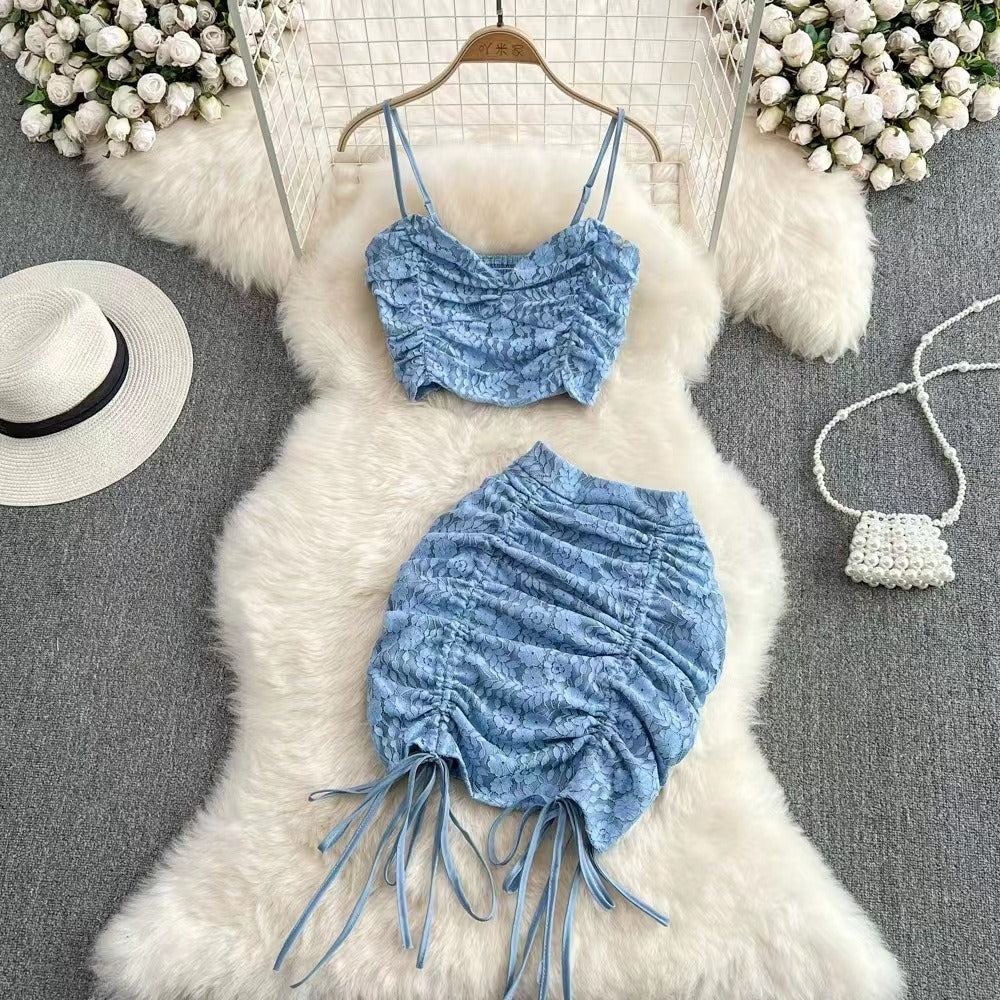 European and American Style Sexy Womens Lace Two Piece Hooked Flower Strap Top High Waist Drawstring Wrapped Hip Half Skirt Set by eprolo