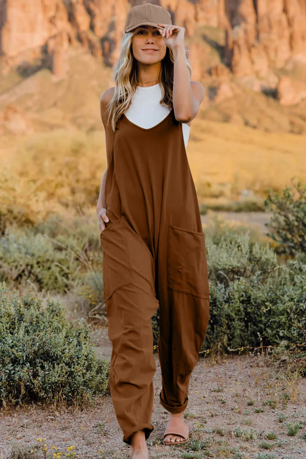 Double Take Full Size V-Neck Sleeveless Jumpsuit with Pockets by Trendsi