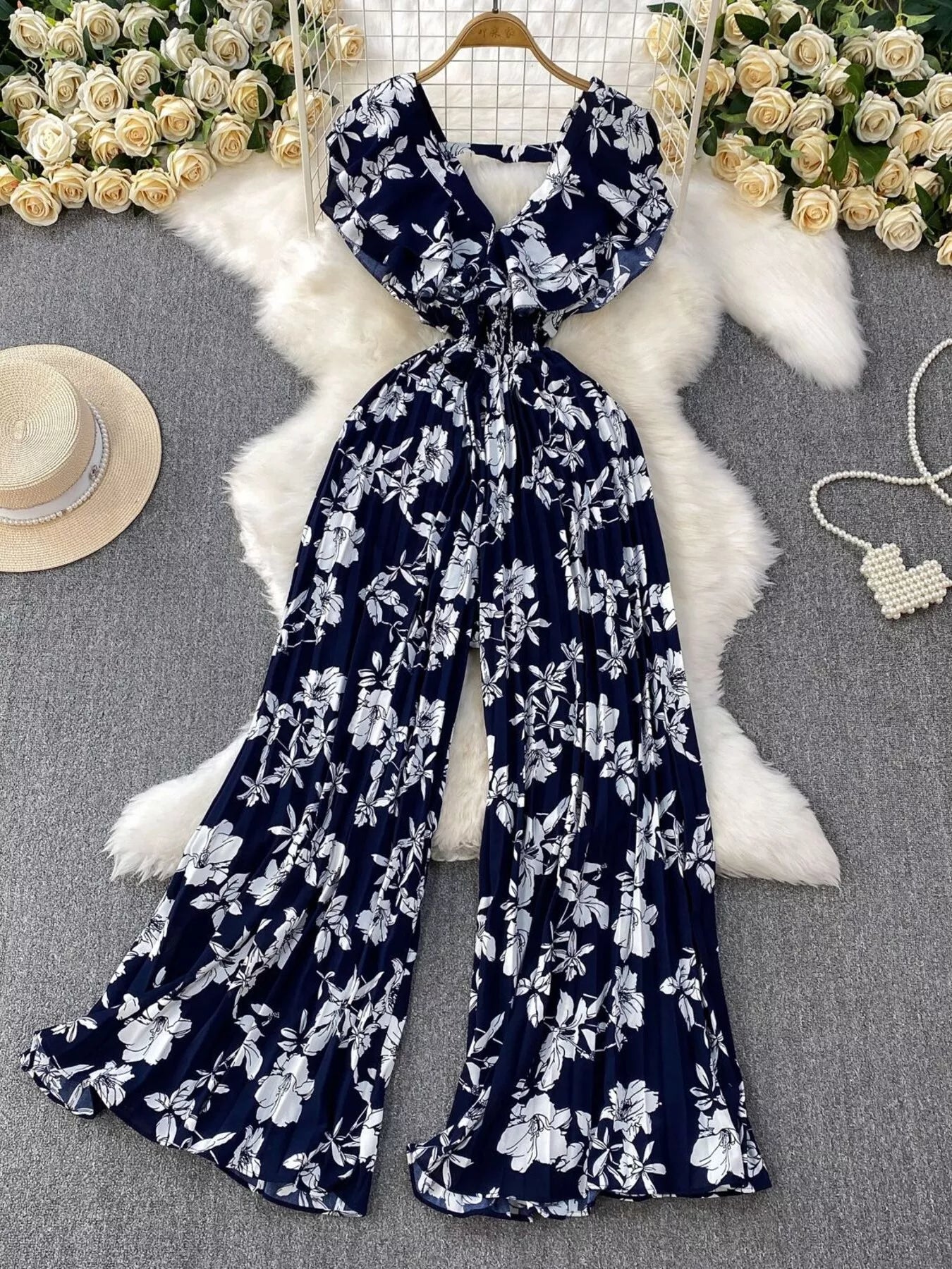 Floral Print Wide Leg Pleated Jumpsuit by Trendsi