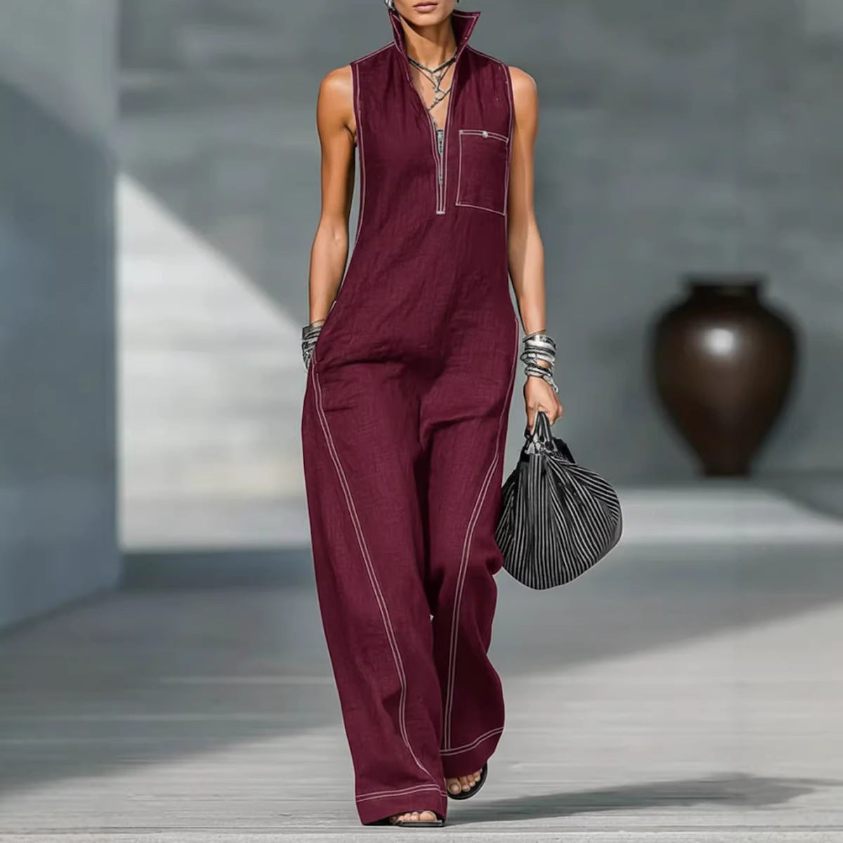 Stand-up Collar Jumpsuit With Pockets Summer Fashion Casual Sleeveless Jumpsuit Trousers Women's Clothing by Royal Closet