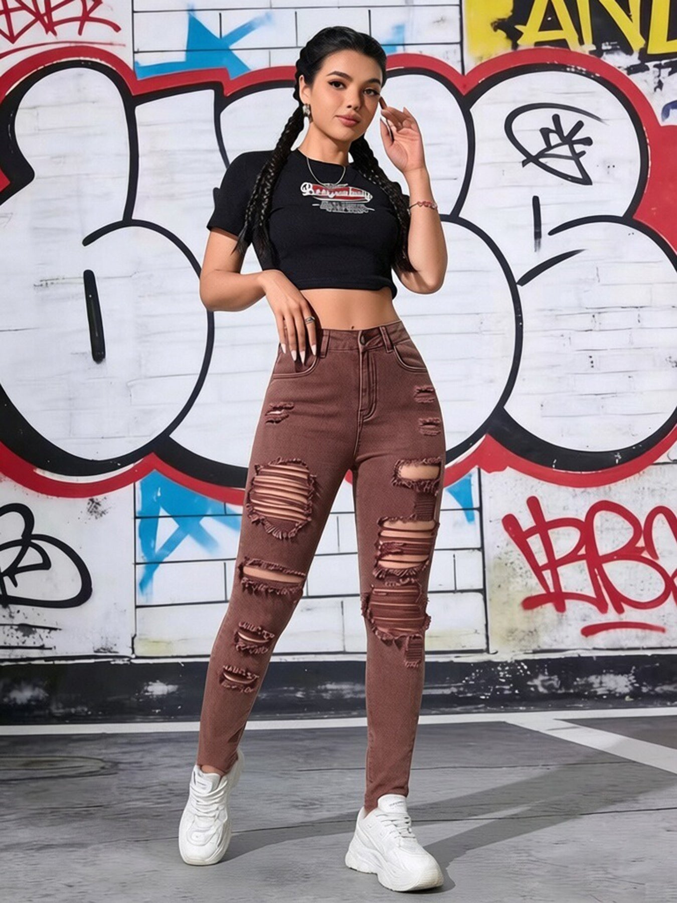 Women's High Waist Brown Ripped Skinny Jeans by Royal Closet