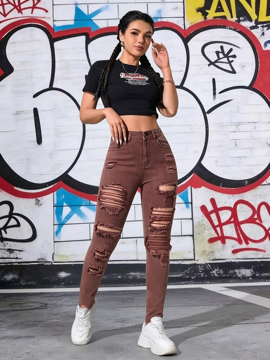 Women's High Waist Brown Ripped Skinny Jeans by Royal Closet