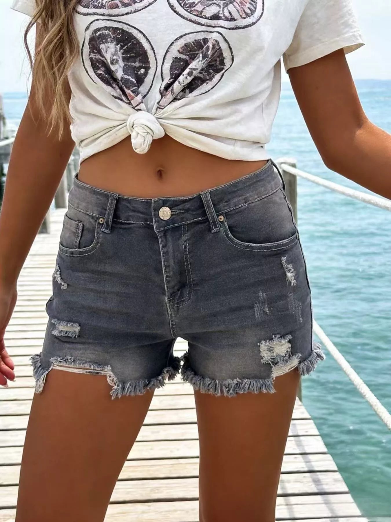 Distressed Frayed Hem Denim Shorts by Trendsi