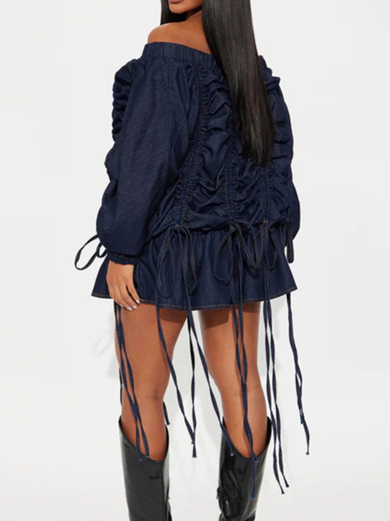 New In! Womens Off-Shoulder Ruched Denim Dress by Trendsi