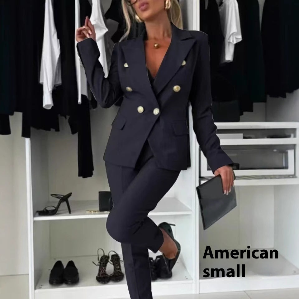 Casual Blazer Suit Slim Lapel Double-breasted Jacket And Zip-up Trousers Women's Clothing by Royal Closet