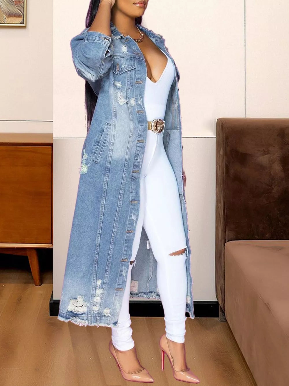 Long Sleeve Raw Hem Denim Jacket by Trendsi