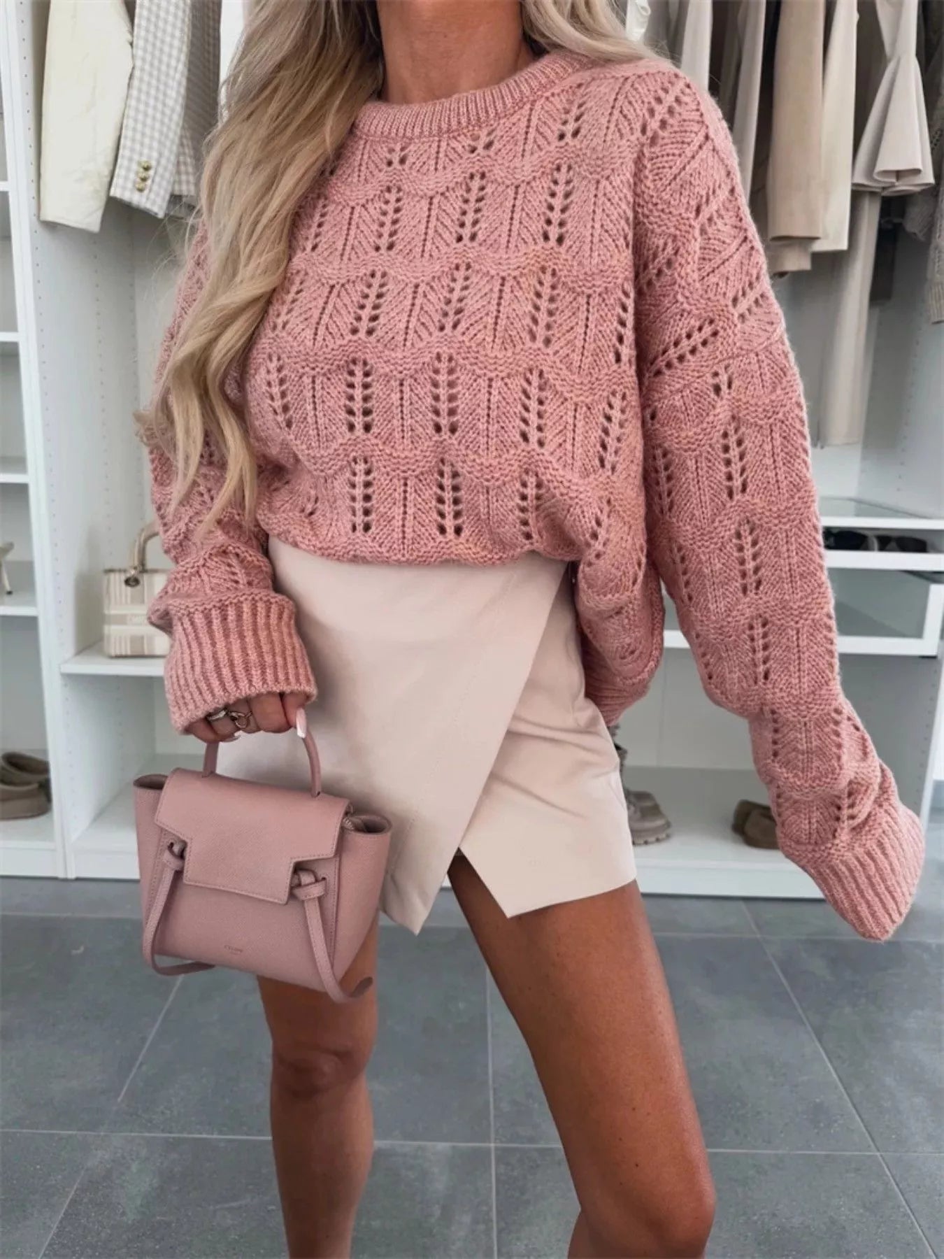 Openwork Round Neck Sweater by Trendsi