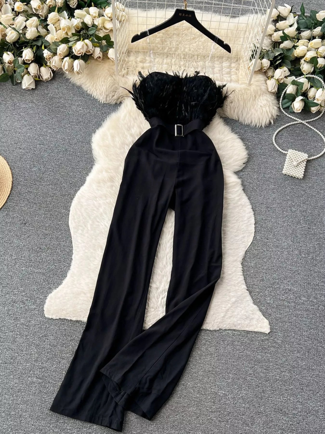 Feather Trim Strapless Wide Leg Jumpsuit by Trendsi