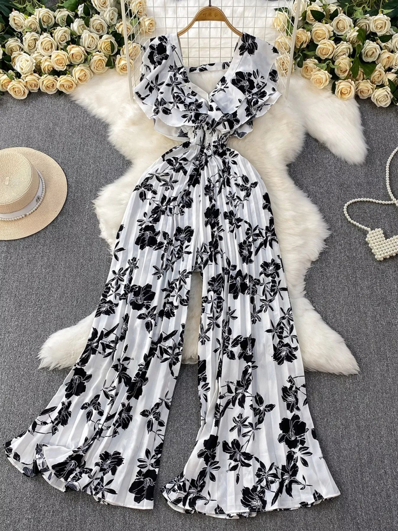 Floral Print Wide Leg Pleated Jumpsuit by Trendsi
