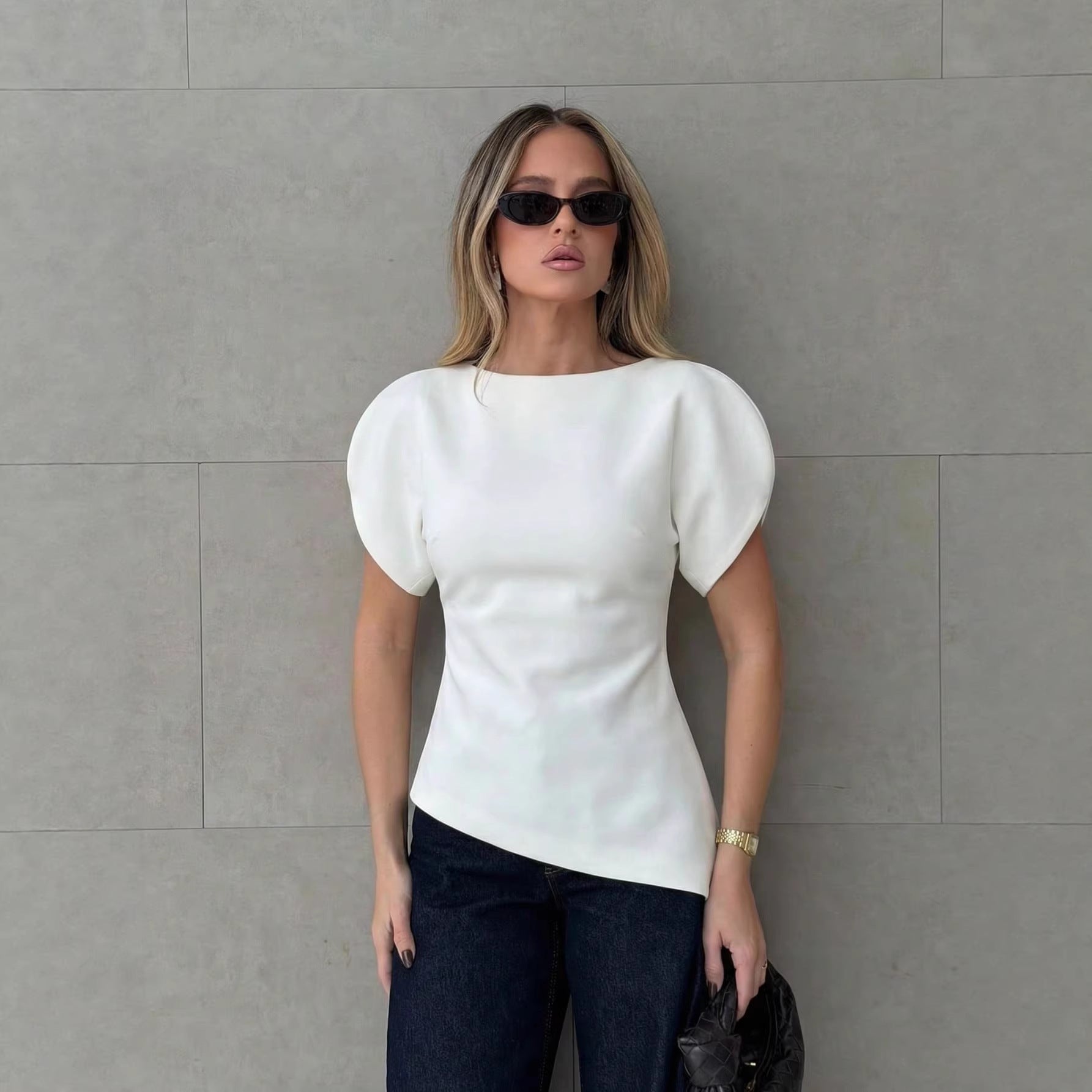 Slim-fit Crewneck Top With Puff Sleeves by Royal Closet