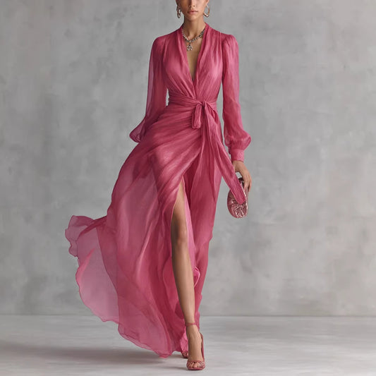 Casual Court-Style V-Neck Lace-Up Puff-Sleeve Dress