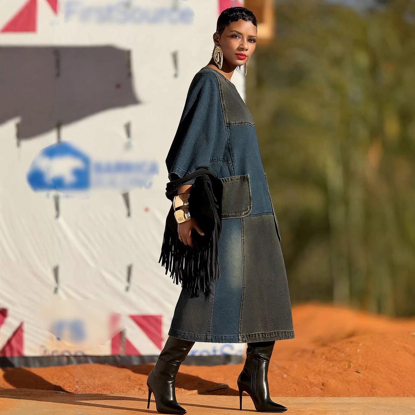 Pocket Loose Denim Dress with Design and Asymmetrical Hem by eprolo