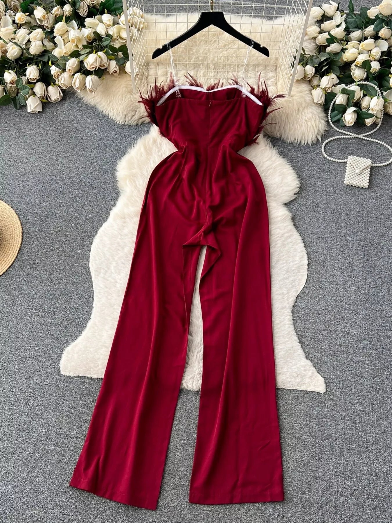 Feather Trim Strapless Wide Leg Jumpsuit by Trendsi