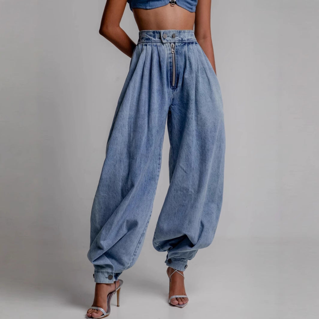 High Waist Zipper Denim Loose Harem Pants by Royal Closet