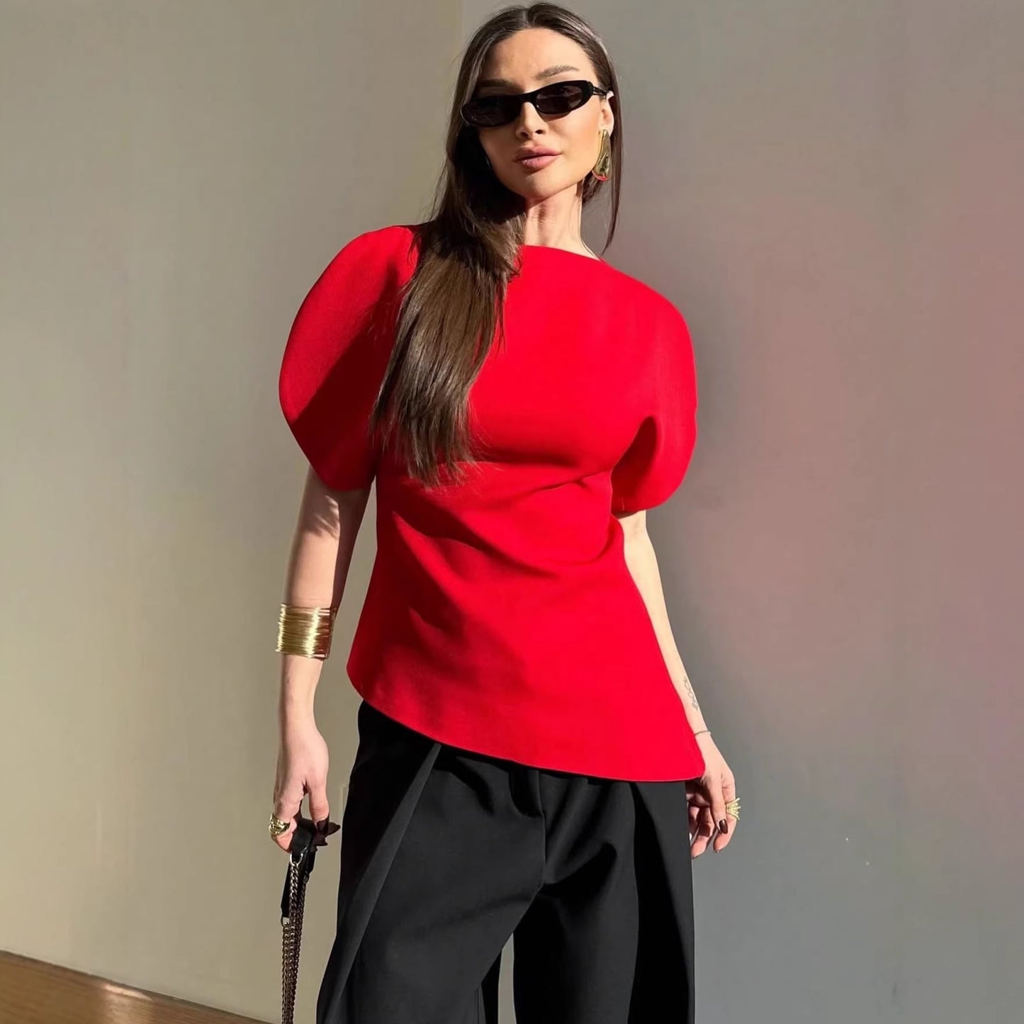 Slim-fit Crewneck Top With Puff Sleeves by Royal Closet