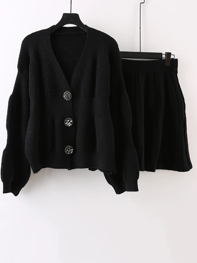 Elegant Knited Two-piece Set Women's V-neck Single Breasted Cardigan With Short Skirts Female by eprolo