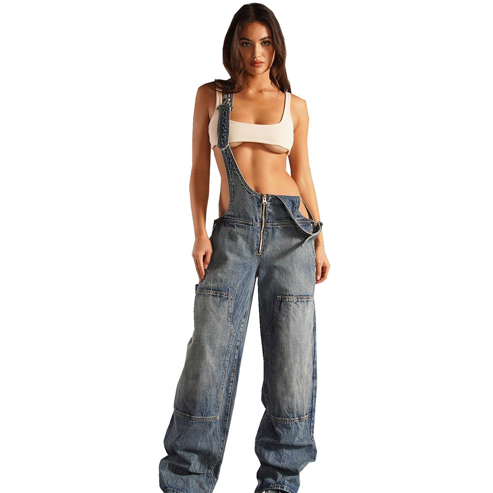 Women's Denim Jumpsuit Street Style Multi-pocket Overalls Loose Waist Straight Leg Pants by eprolo