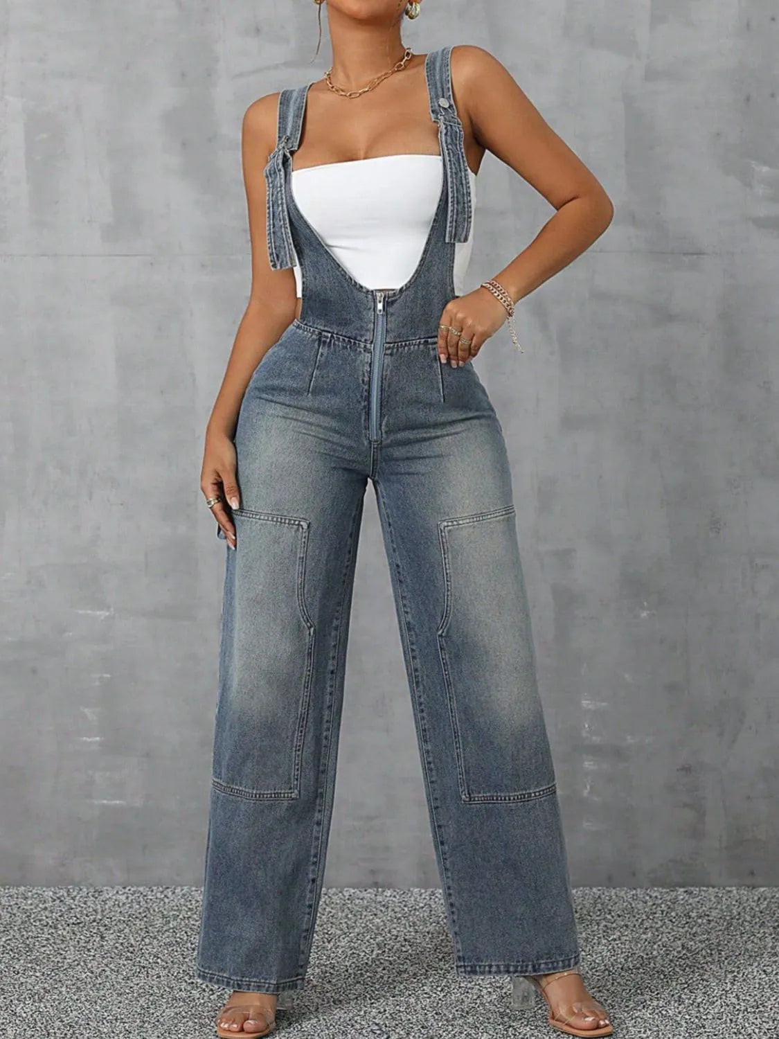 Zip Front Wide Strap Denim Overalls by Trendsi