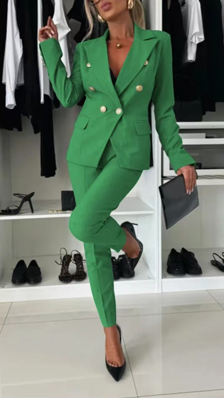 Casual Blazer Suit Slim Lapel Double-breasted Jacket And Zip-up Trousers Women's Clothing by Royal Closet