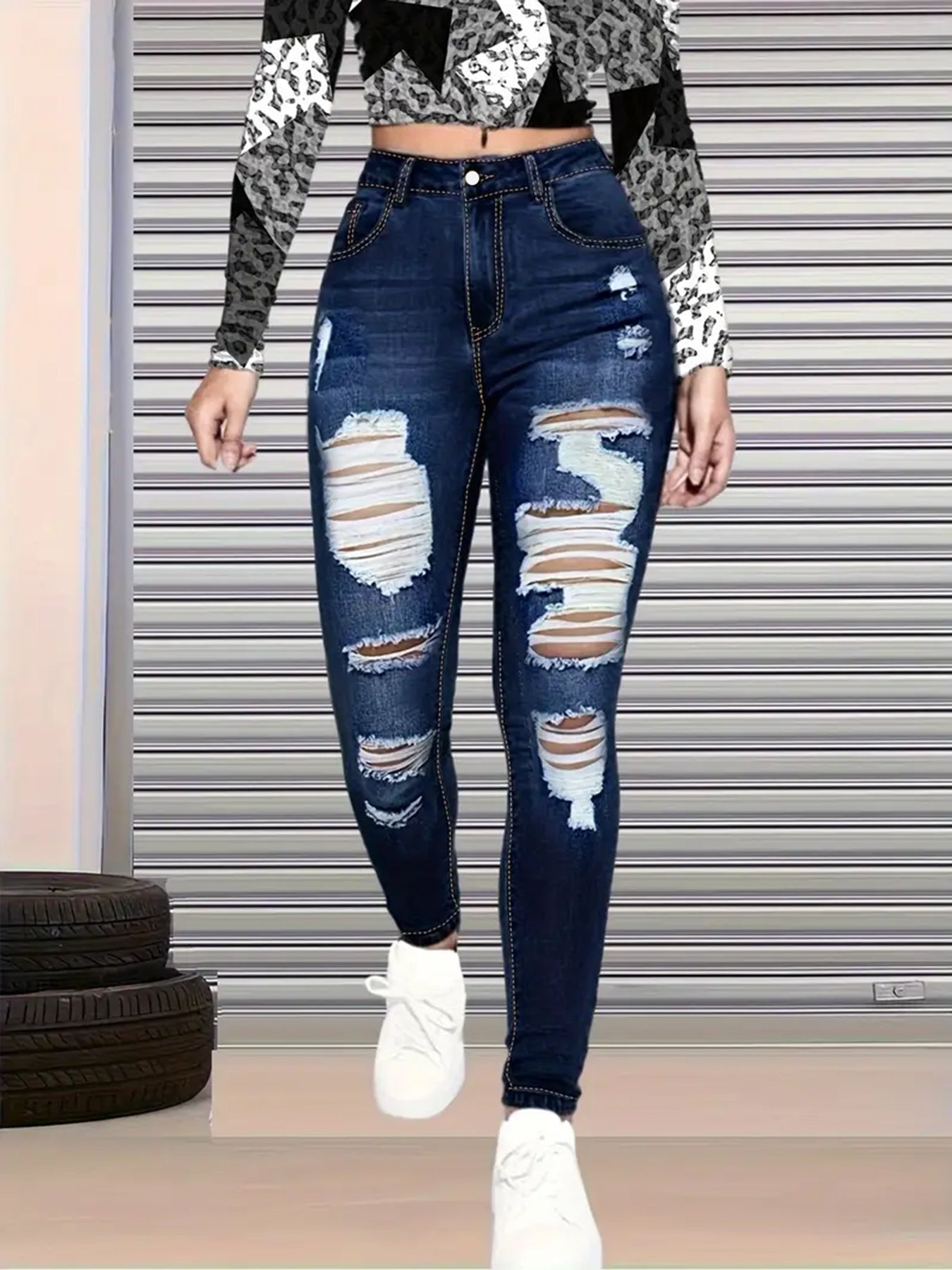 New Womens Ripped Nine Quarter Cut Jeans by Royal Closet