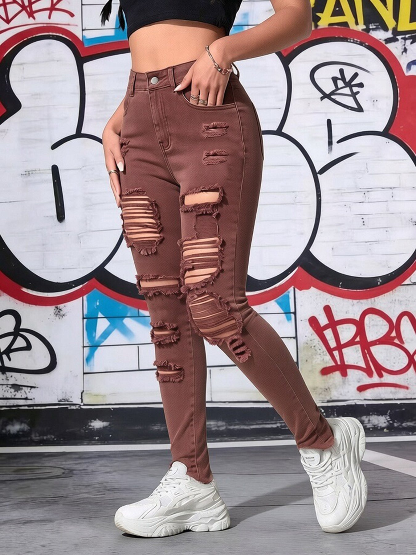Women's High Waist Brown Ripped Skinny Jeans by Royal Closet