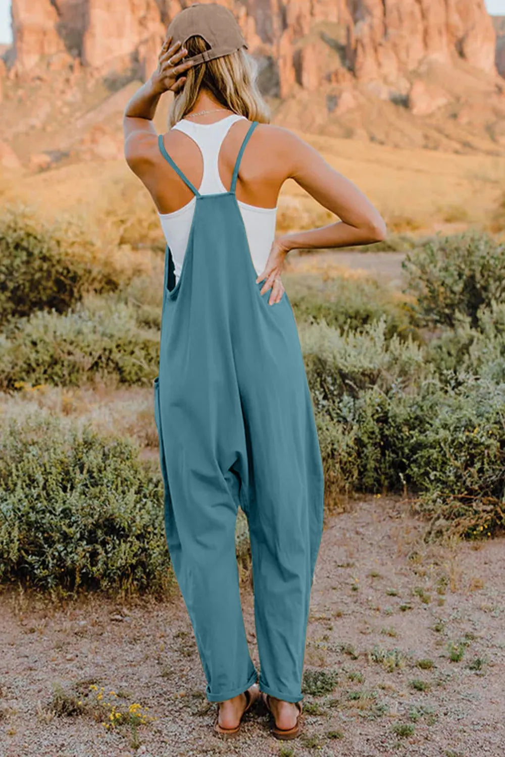 Double Take Full Size V-Neck Sleeveless Jumpsuit with Pockets by Trendsi