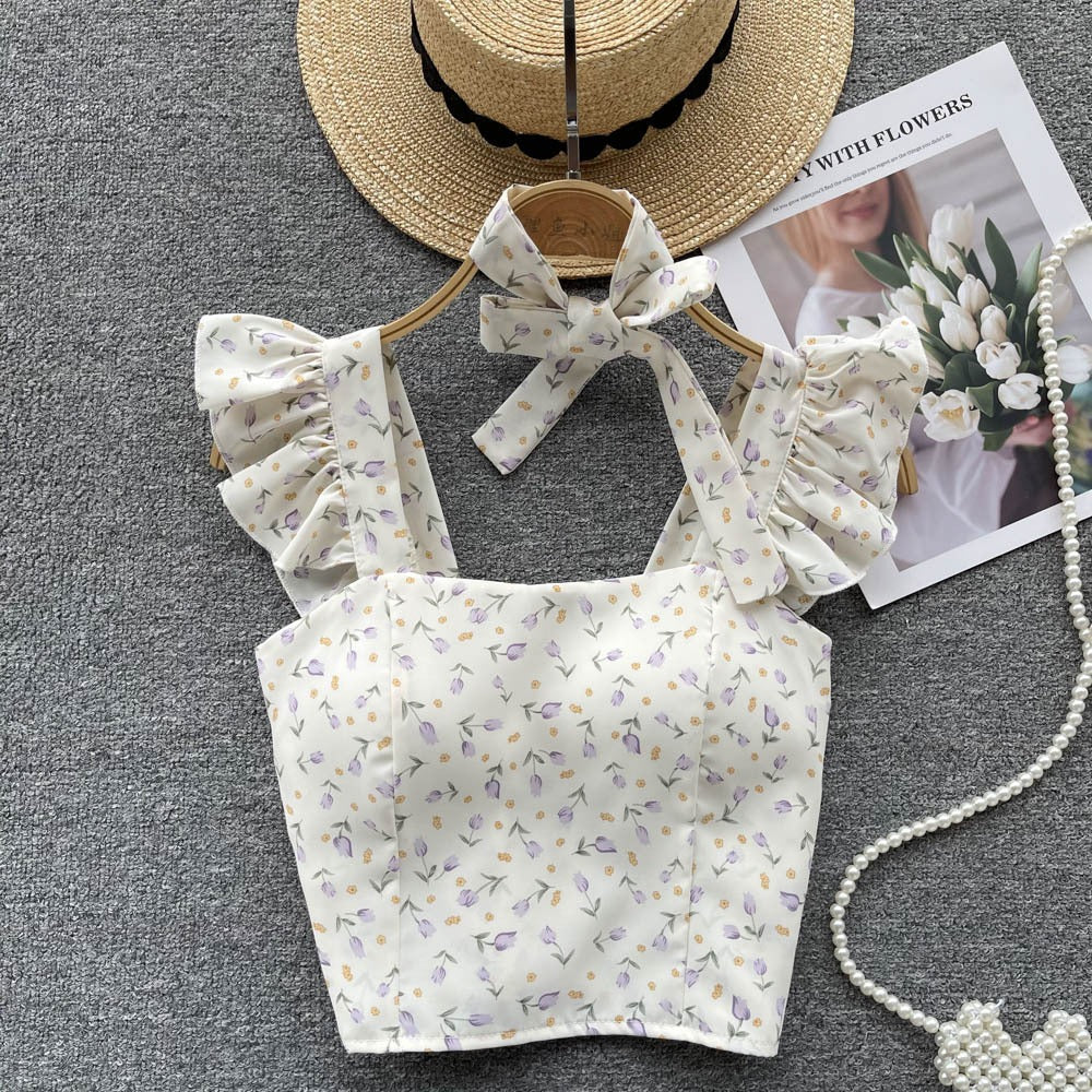Summer Fresh Slim Fit Short Versatile Holiday Style Strap Top for Womens Unique Sexy Spicy Girls Small Shirt with Chest Pads by eprolo