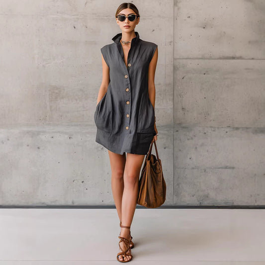 Womens Summer Slimming Sleeveless Stand-Collar Shirt Dress by Royal Closet